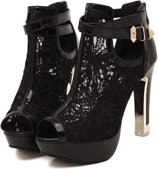 Floral Lace Metallic Block Heel Platform Booties