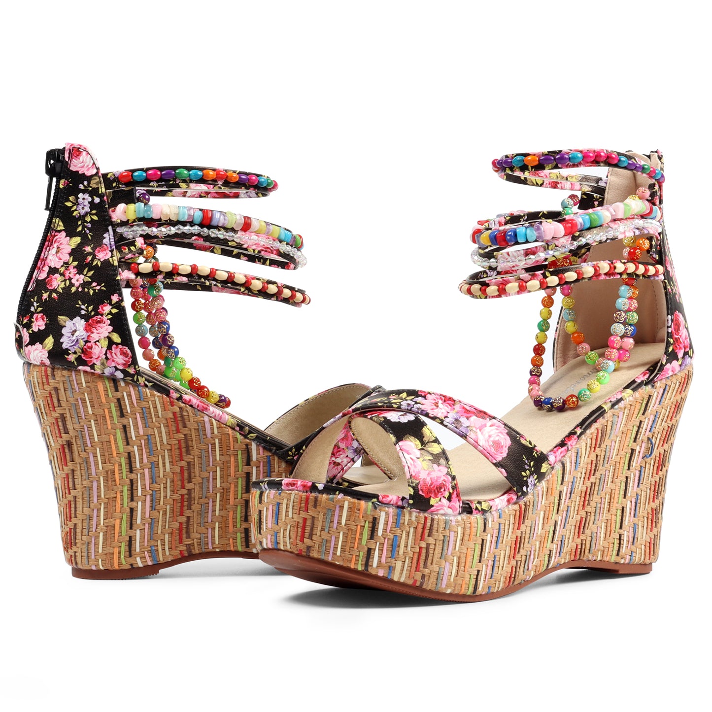 Floral Beaded Woven Wedge Sandals