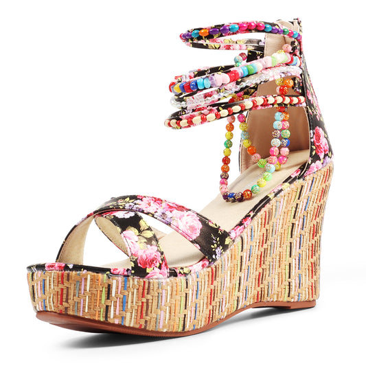 Getmorebeauty Women Spring Vibe Wedge Sandals With Pearls Weave Platform Heels