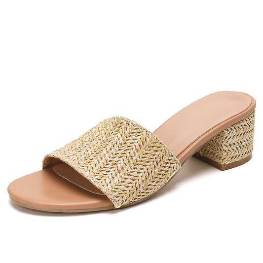 Raffia Heeled Sandals for Women Chunky Heels Open Toe Slides Mules Sandals