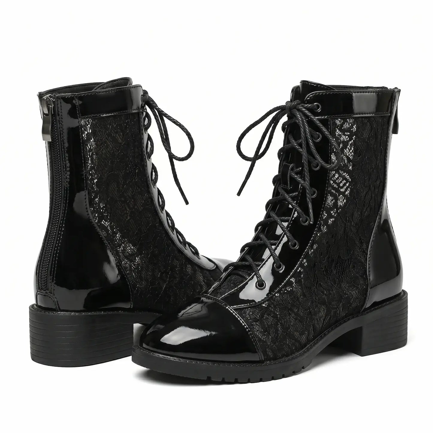 Victorian Floral Mesh Lace-Up Patent Combat Boots
