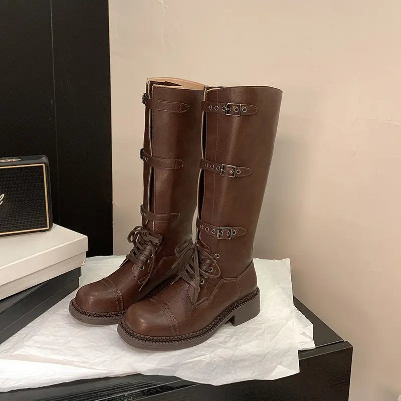 Vintage Genuine Leather Knee High Buckle Combat Boots