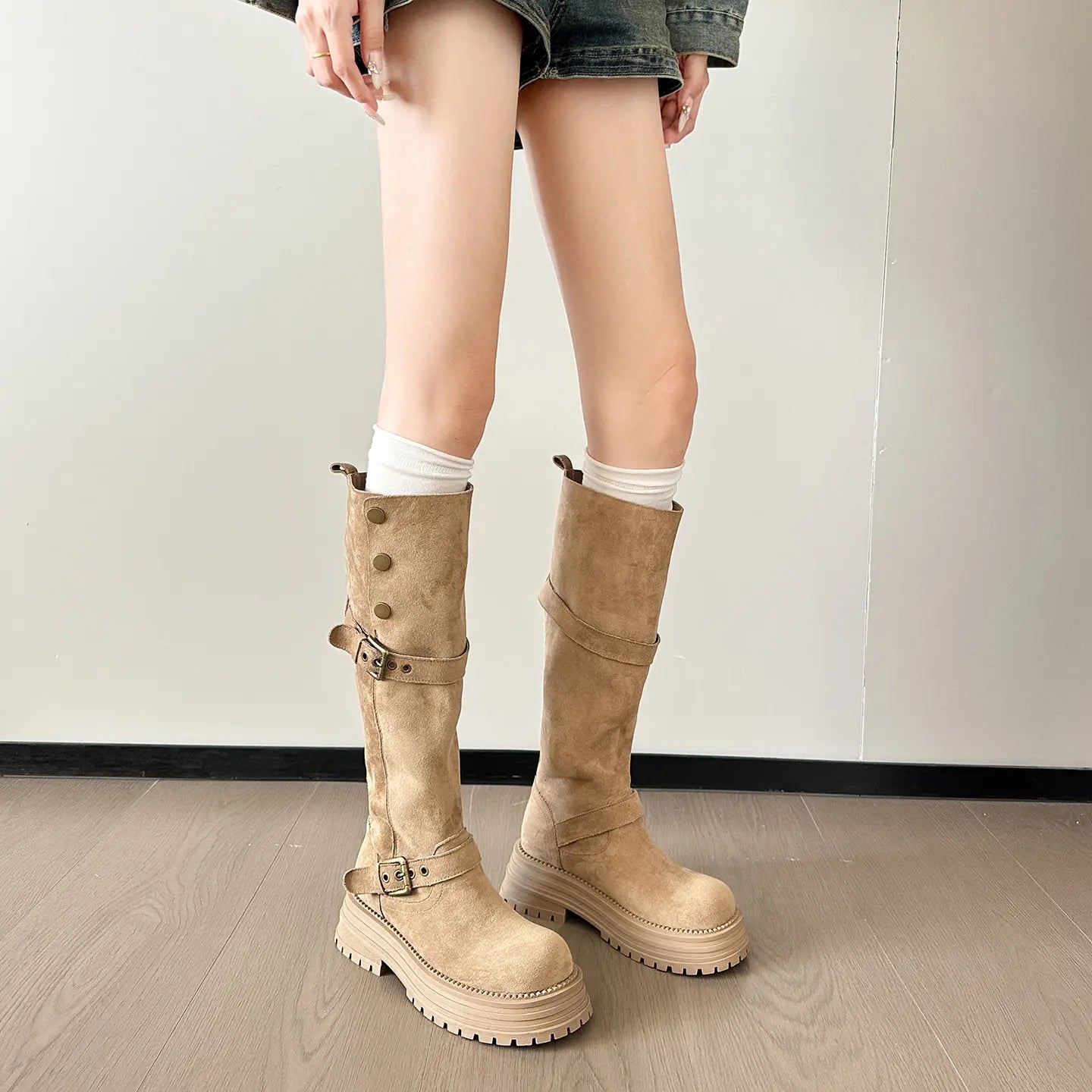 Retro Moto Faux Suede Chunky Mid-Calf Buckle Boots