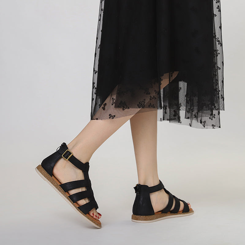Retro Strappy Flat Caged Gladiator Sandals with Zip Back
