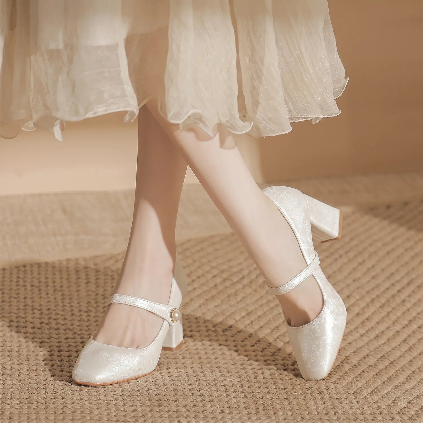 Vintage Pearl Button Block Heel Bridal Mary Janes