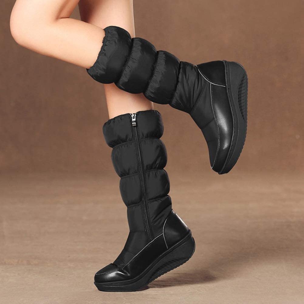 Waterproof Mid-Calf Zip-Up Wedge Puffer Snow Boots