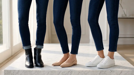 Three shoe styles arranged around dark skinny jeans