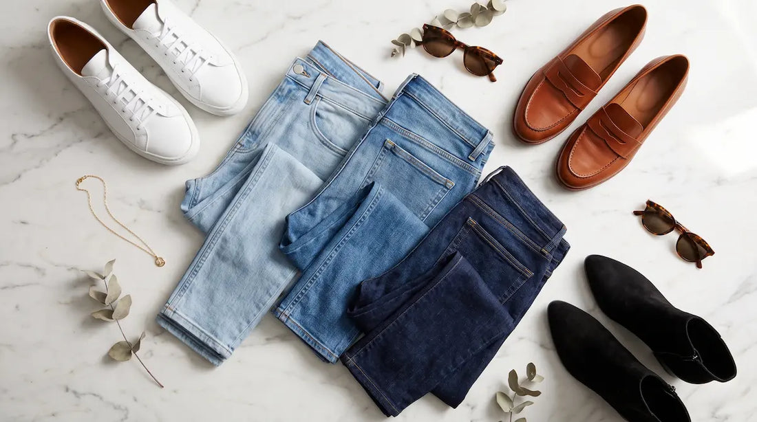 Stylish flat lay of women's casual shoes with denim