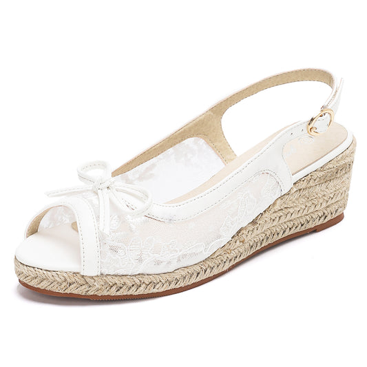 Lace Bow Slingback Espadrille Wedges