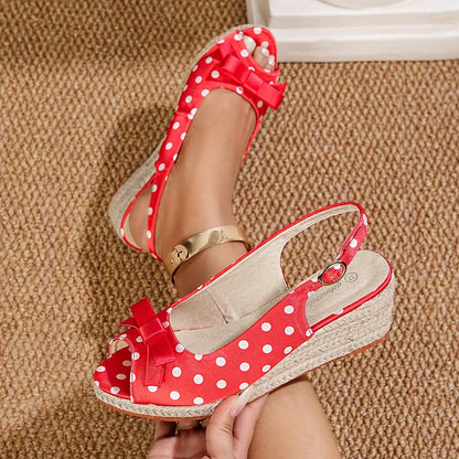 Vintage Polka Dot Bowknot Espadrille Wedge Sandals