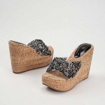 Clear Sparkly Glitter Platform Wedge Mule Sandals