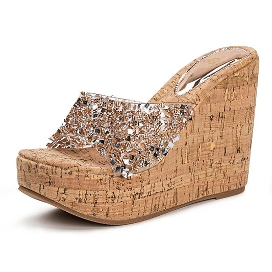 Clear Sparkly Glitter Platform Wedge Mule Sandals