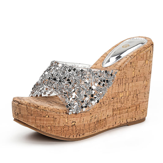 Clear Sparkly Glitter Platform Wedge Mule Sandals