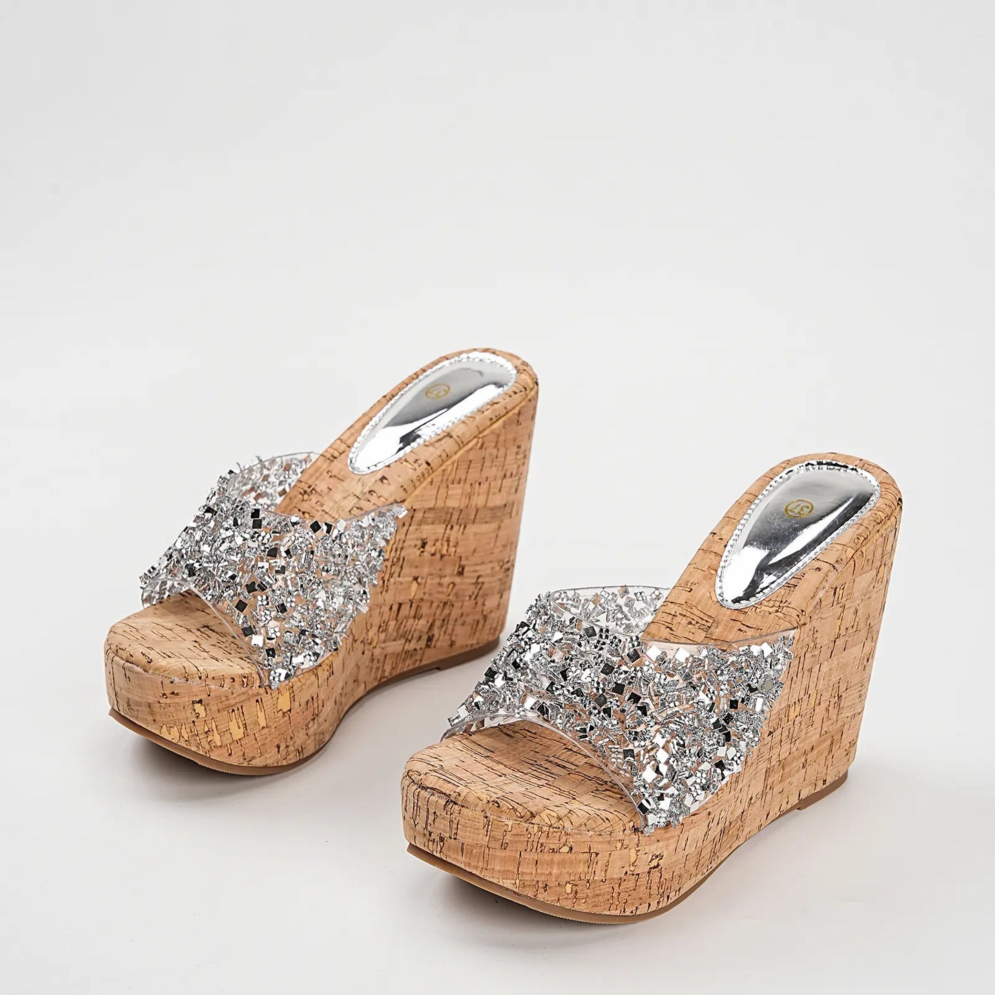 Clear Sparkly Glitter Platform Wedge Mule Sandals