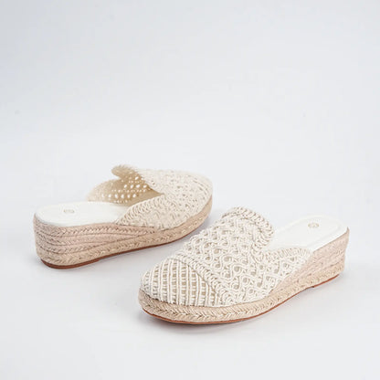 Crochet Espadrille Closed Toe Low Wedge Mule Sandals