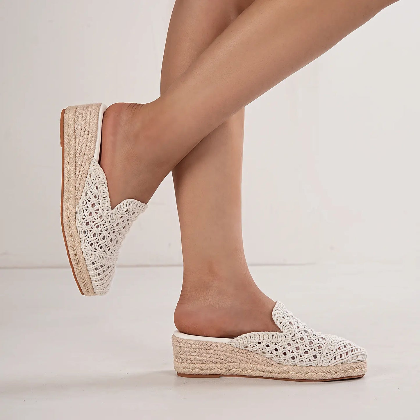 Crochet Espadrille Closed Toe Low Wedge Mule Sandals