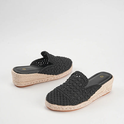 Crochet Espadrille Closed Toe Low Wedge Mule Sandals