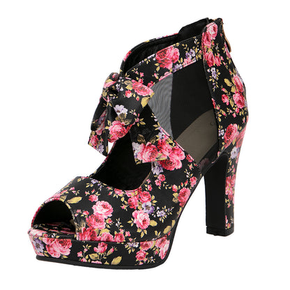 Retro Floral Mesh Bow Block Heels