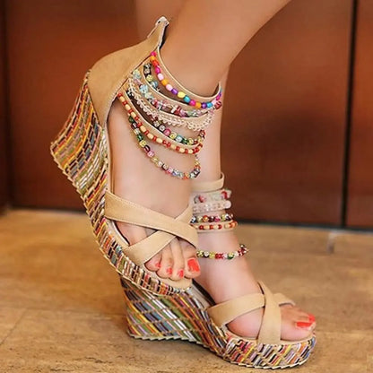 Boho Beaded Woven Wedge Sandals