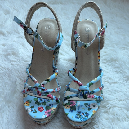 Floral Strappy Espadrille Wedges