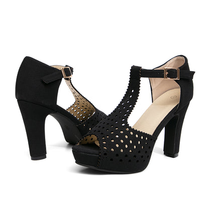 Vintage Laser-Cut Suede T-Strap Peep Toe Heels