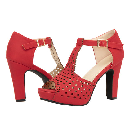 Vintage Laser-Cut Suede T-Strap Peep Toe Heels