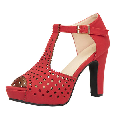 Vintage Laser-Cut Suede T-Strap Peep Toe Heels