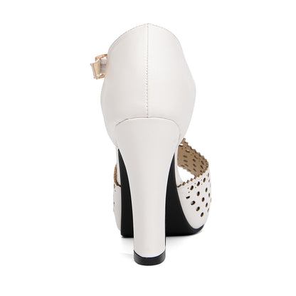 Vintage Laser-Cut Suede T-Strap Peep Toe Heels