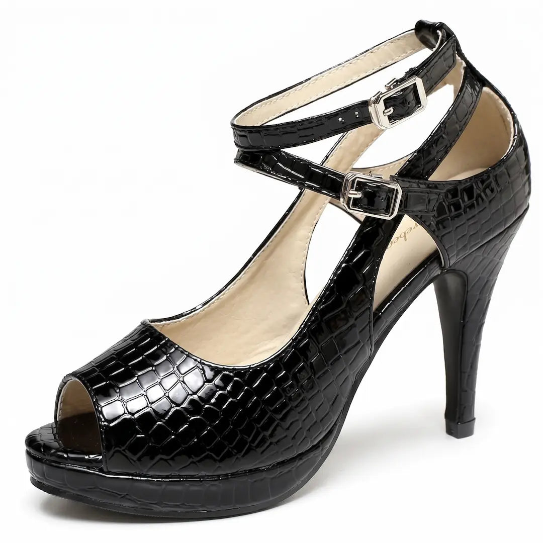 Strappy Croc-Embossed Peep Toe Stilettos