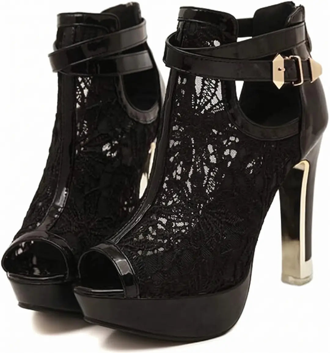 Floral Lace Metallic Block Heel Platform Booties