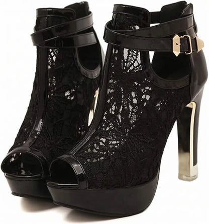 Floral Lace Metallic Block Heel Platform Booties