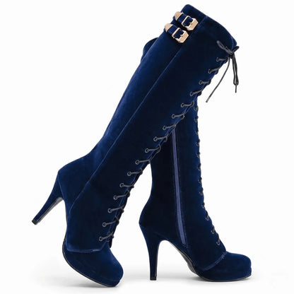 Womens Knee High Boots Suede Buckle Rock Lace Up
