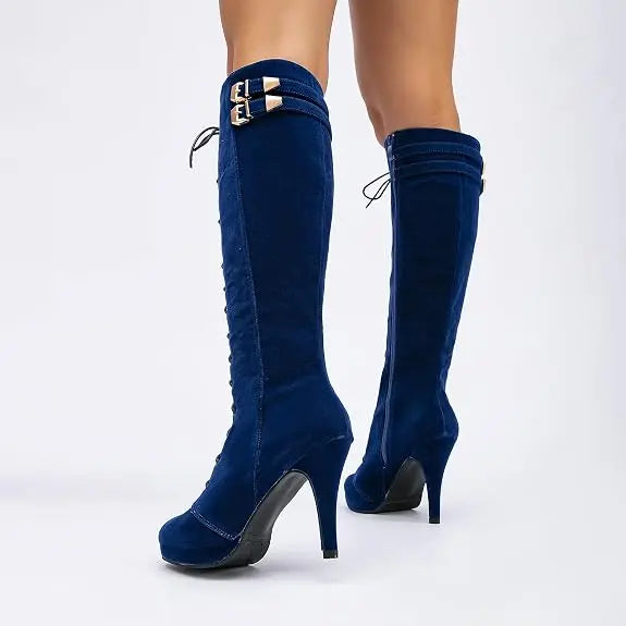 Womens Knee High Boots Suede Buckle Rock Lace Up
