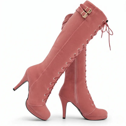 Womens Knee High Boots Suede Buckle Rock Lace Up