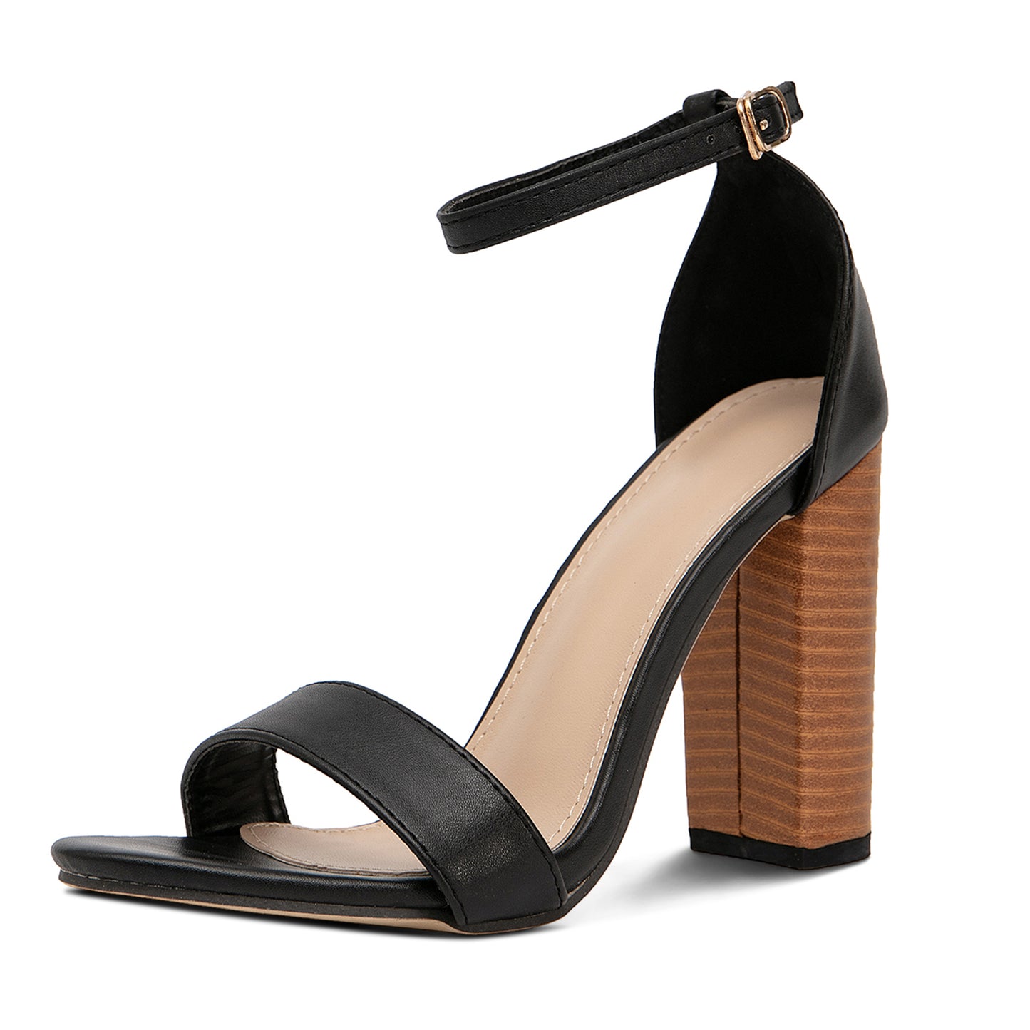 Minimalist Wood-Grain Block Heel Sandals