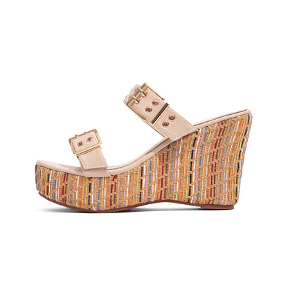 Double Buckle Woven Wedge Slides
