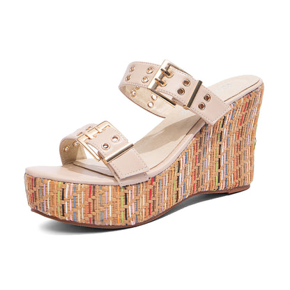 Double Buckle Woven Wedge Slides