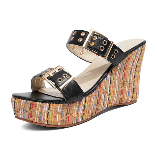 Double Buckle Woven Wedge Slides