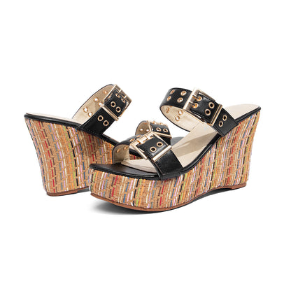 Double Buckle Woven Wedge Slides