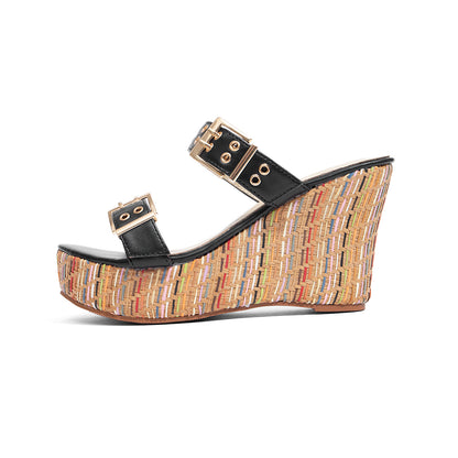 Double Buckle Woven Wedge Slides