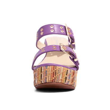 Double Buckle Woven Wedge Slides