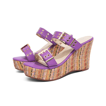Double Buckle Woven Wedge Slides