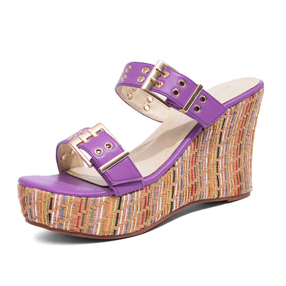Double Buckle Woven Wedge Slides