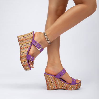 Double Buckle Woven Wedge Slides
