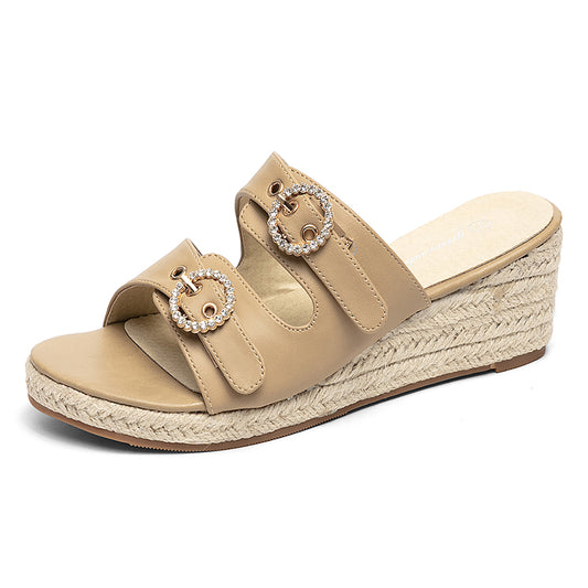 Wedge Sandals for Women Slides with Buckle Strap Rhinestones