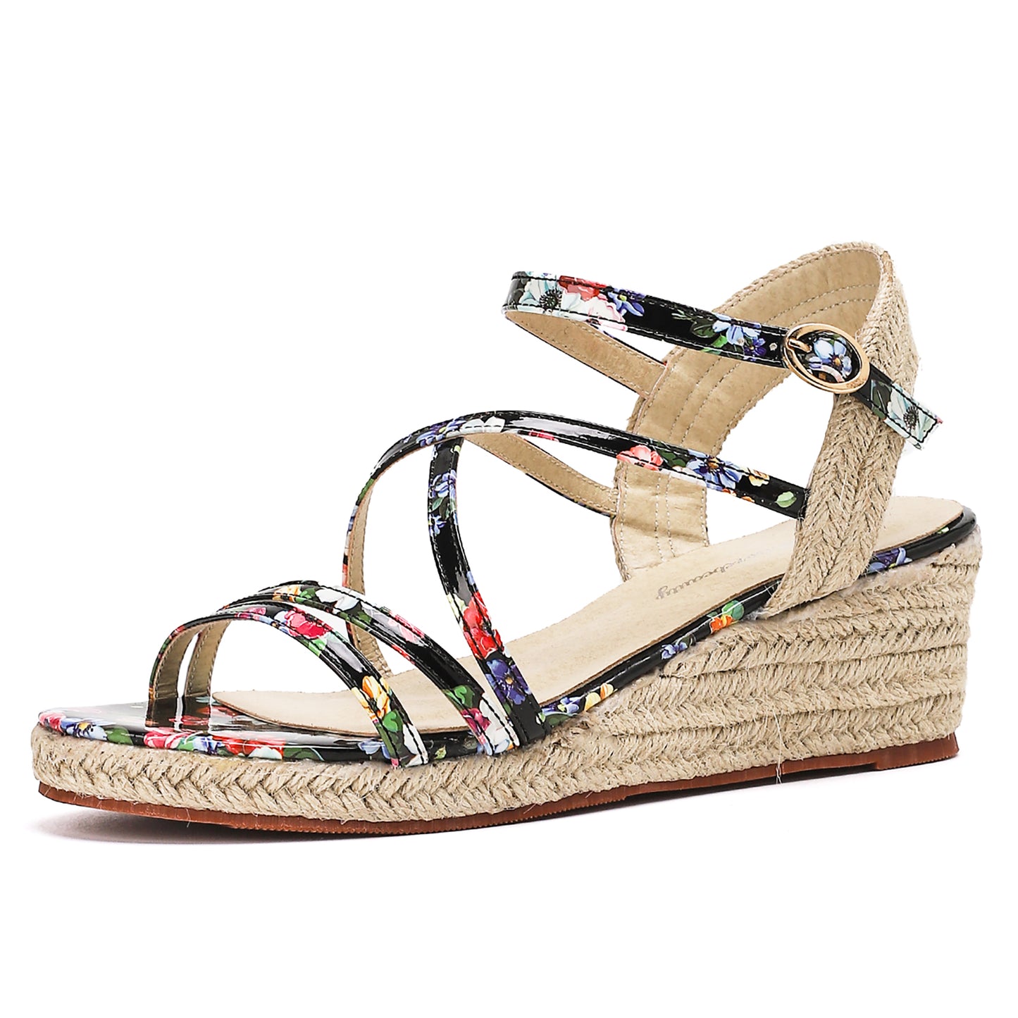 Strappy Floral Low Espadrille Wedges