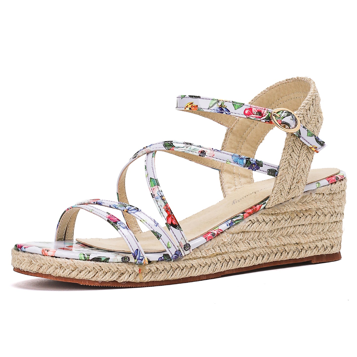 Strappy Floral Low Espadrille Wedges