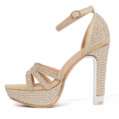 Sparkly Rhinestone Open Toe Platform Block Heel Sandals