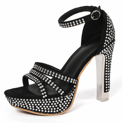 Sparkly Rhinestone Open Toe Platform Block Heel Sandals