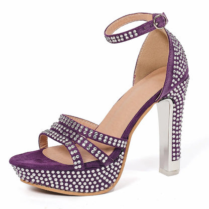 Sparkly Rhinestone Open Toe Platform Block Heel Sandals